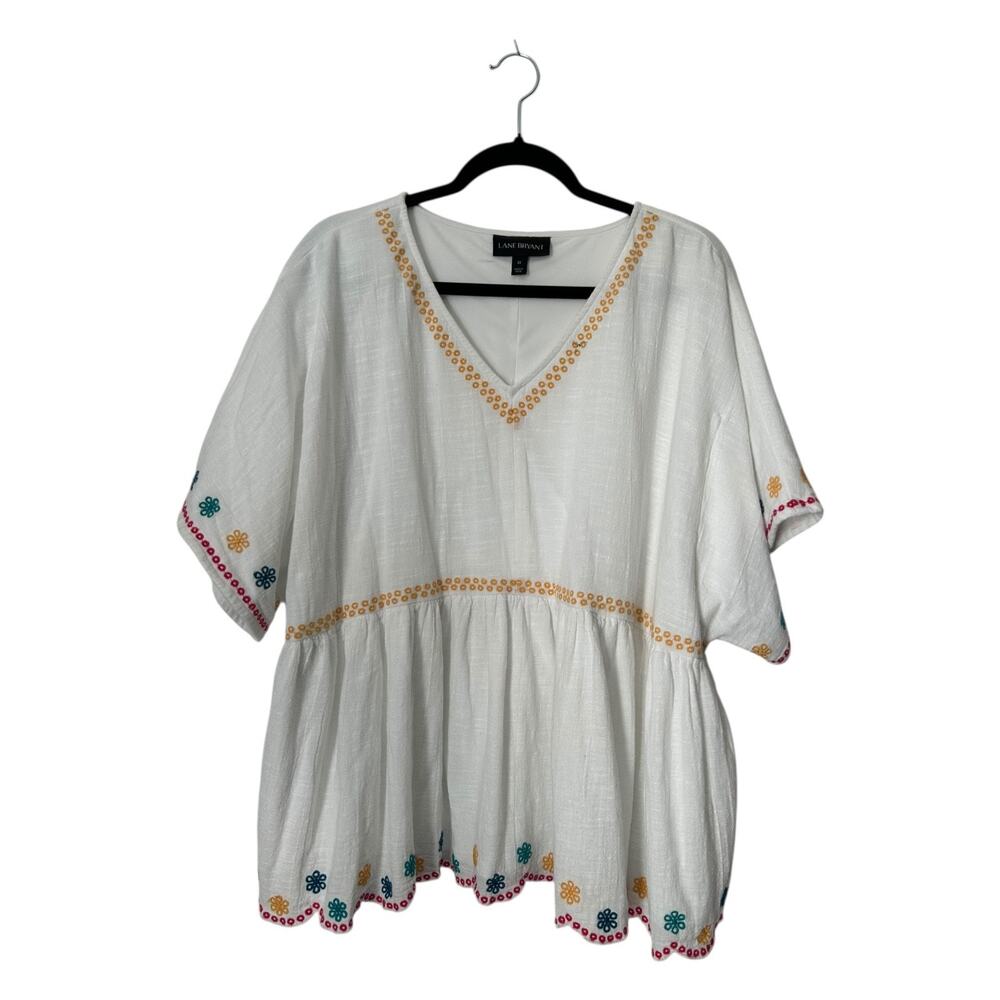 Lane Bryant White Cotton Embroidered Babydoll Top Size 22 V-Neck Boho Peasant